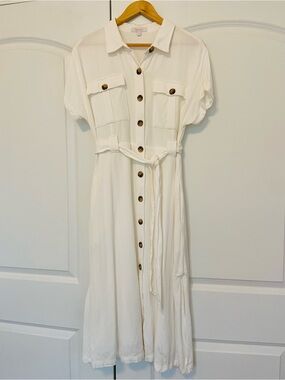 Ivory White Safari Midi Dress Button Front Belted Shirt Dress Small European